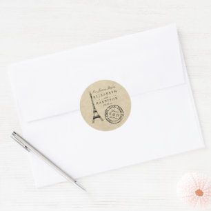 Sticker Rond Vintage Tour Eiffel Paris Postmark Mariage Favoris