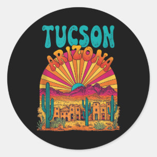 Sticker Rond Vintage Tucson Arizona Desert Sunset Skyline City