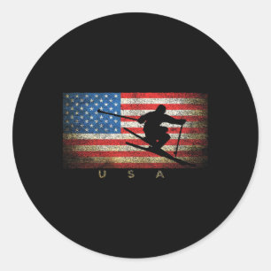 Sticker Rond Vintage Usa Skiing Drapeau Américain Clic Femmes F