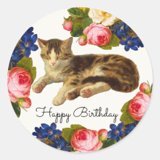 Sticker Rond Vintage Victorian Cat Nap Floral Happy Birthday