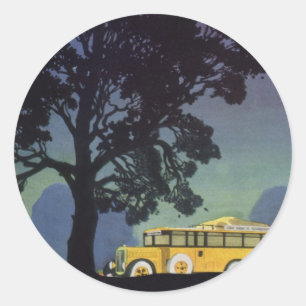 Sticker Rond Vintage voyage, Allemagne, Bus Jaune à la nuit