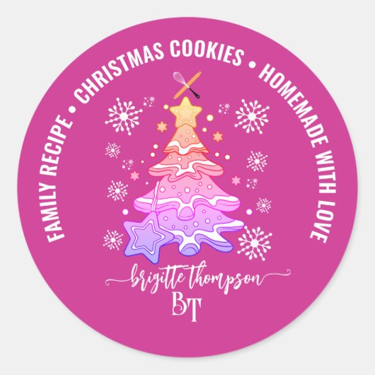 Sticker Rond Violet Arbre de Noël Cookie Baking Crew Snowflake (Devant)