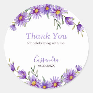 Sticker Rond Violet Aster Floral Merci d'anniversaire