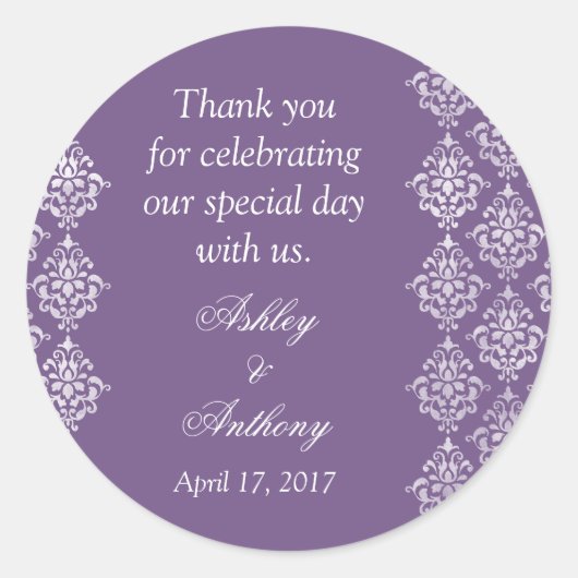 Sticker Rond Violet blanc Damask Arabesque Mariage personnalisé (Devant)