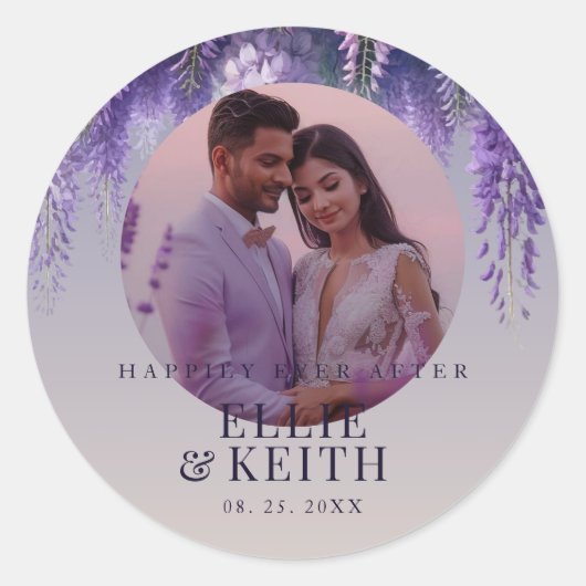 Sticker Rond Violet dégradant Joyeusement Jamais Après Mariage (Devant)