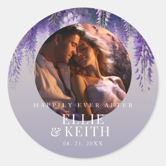 Sticker Rond Violet dégradant Joyeusement Jamais Après Mariage  (Devant)