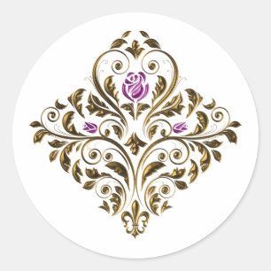 Sticker Rond Violet et Or Orné Floral Vintage