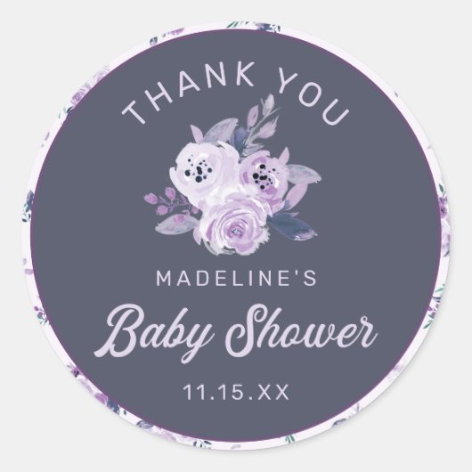Sticker Rond Violet foncé et Turquoise Merci de Baby shower Flo (Devant)