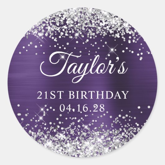 Sticker Rond Violet foncé Glitterie Argent Phuile 21e anniversa (Devant)