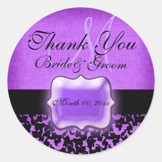 Sticker Rond Violet noir "merci" mariage damask (Devant)