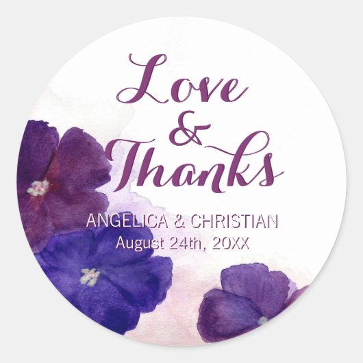 Sticker Rond Violet Plum Violet Floral Mariage Amour & Merci (Devant)