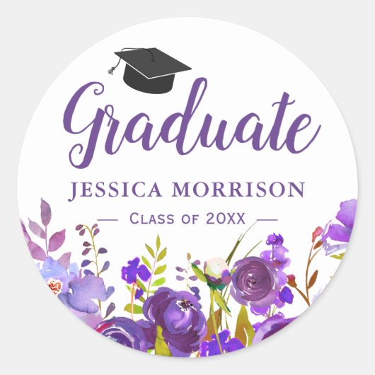 Sticker Rond Violet Purple Floral Graduate Graduation Favoriser (Devant)