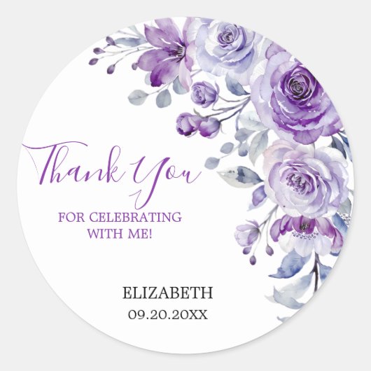 Sticker Rond Violet Rose verdure Floral Anniversaire Merci (Devant)