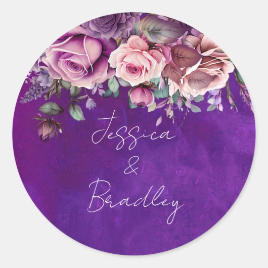 Sticker Rond Violet rose vintage roses élégant mariage (Devant)