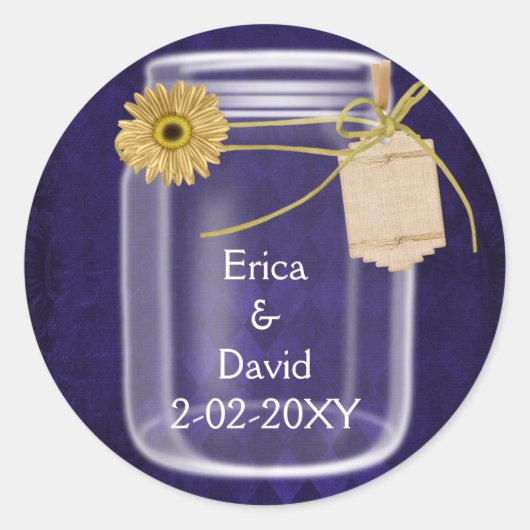 Sticker Rond violet royal, jarre de tournesol mariage phoques (Devant)