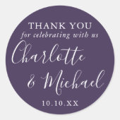 Sticker Rond Violet Signature mariage Faveur Merci (Devant)