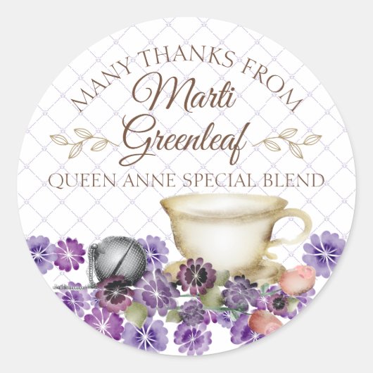 Sticker Rond Violets teapot teacup main mélange thé personnalis (Devant)