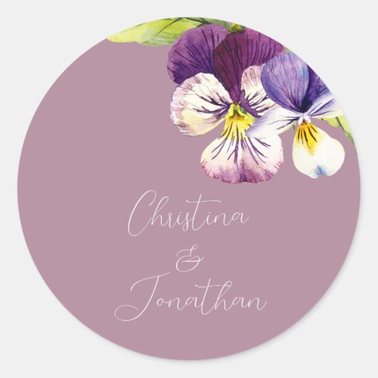Sticker Rond Violettes aquarelles romantiques sur fond violet (Devant)