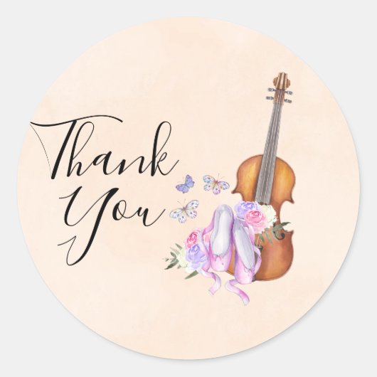 Sticker Rond Violon, chaussures de ballet et Merci de papillons (Devant)