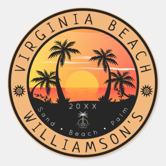 Sticker Rond Virginia Beach USA Retro Sunset Souvenirs 80s (Devant)