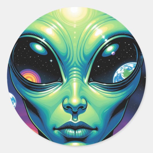 Sticker Rond Visage Alien avec des planètes Réflexions dans les (Devant)