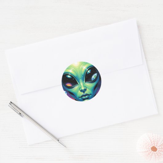 Sticker Rond Visage Alien avec des planètes Réflexions dans les (Enveloppe)