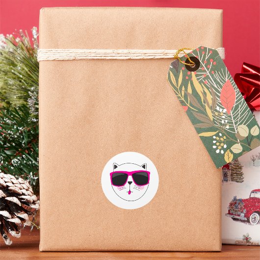 Sticker Rond Visage de chat cool avec lunettes de soleil roses 