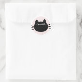 Sticker Rond Visage de Chat Noir Nom Rose (Sac)