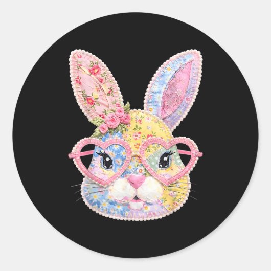 Sticker Rond Visage de lapin drôle Gles Patchwork floral Lapin (Devant)