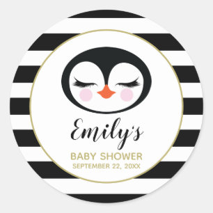 Sticker Rond Visage de manchot mignon Baby Shower noir et blanc