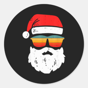 Sticker Rond Visage de Père Noël Rétro avec Lunettes de Soleil