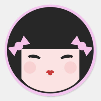 Sticker Rond Visage de poupée rose Kokeshi