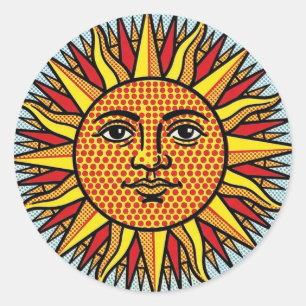 Sticker Rond Visage de Soleil Céleste dans le Style Pop Art de
