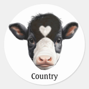 Sticker Rond Visage de vache noir et blanc de campagne