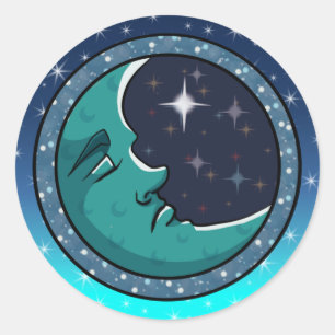Sticker Rond Visage d'Homme dans la Lune