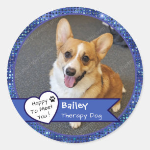 Sticker Rond Visite de chien de thérapie Blue Sparkle personnal