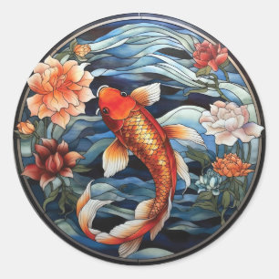 Sticker Rond Vitrail asiatique style Koi Poisson et Camellias