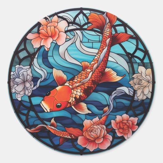 Sticker Rond Vitrail asiatique style Koi Poisson et Camellias (Devant)