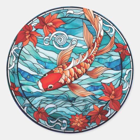 Sticker Rond Vitrail asiatique style Koi Poisson et Camellias (Devant)