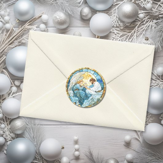 Sticker Rond Vitrail d'ange religieux Fête Bleu