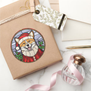 Sticker Rond Vitrail de Noël Shiba Inu