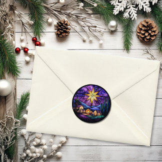 Sticker Rond Vitraux de Noël Étoile du Nord Violette Nativité