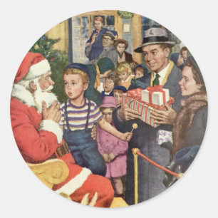 Sticker Rond Vœu de Noël vintage, garçon sur les genoux du Père