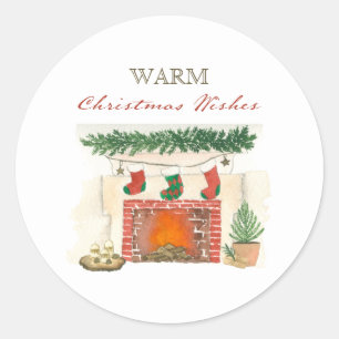 Sticker Rond Vœux chaleureux de Noël Cheminée hivernale confort