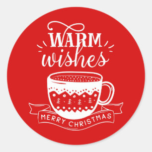 Sticker Rond Vœux chaleureux Tasse chaude Café Cocoa Rouge Blan
