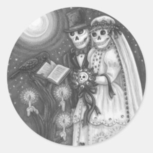 STICKER ROND VOEUX DE CEMETIERE, MARIAGE DE SQUELETTE, MARIE ET