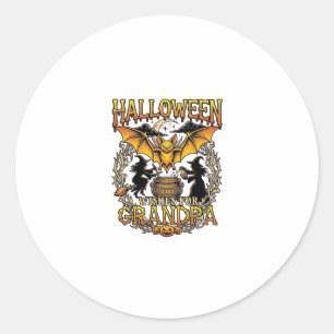 Sticker Rond Vœux Halloween Grand-Père Chauve-Souris Chaudron d