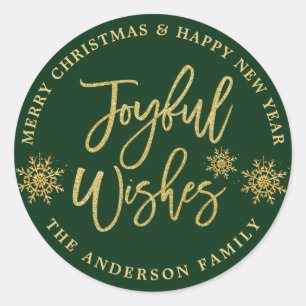 Sticker Rond Voeux Joyeux Green & Faux Gold Holiday