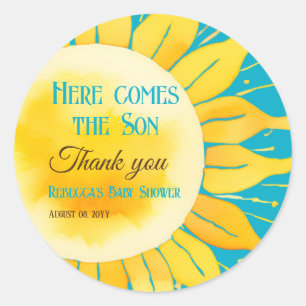 Sticker Rond Voici le Baby shower Son Boy Blue Sunshine
