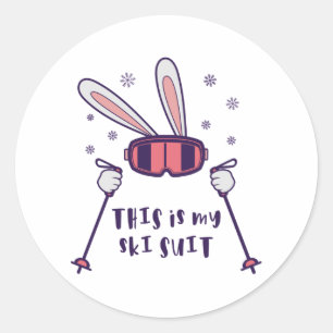 Sticker Rond Voici mon Ski Suit Ski Rabbit avec des bâtons de s